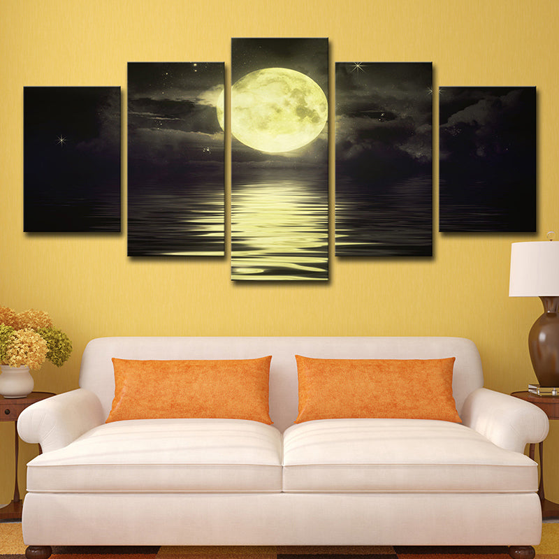 Super Moon over Ocean Art Print Modernist Multi-Piece Canvas in Yellow for Living Room