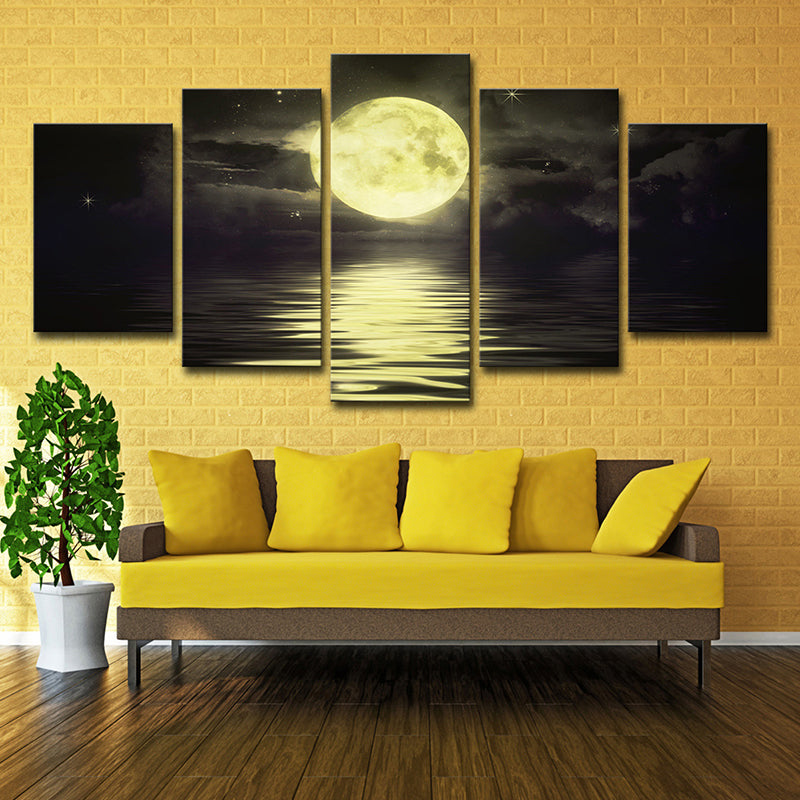 Super Moon over Ocean Art Print Modernist Multi-Piece Canvas in Yellow for Living Room