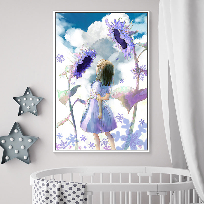 Girl and Sunflowers Painting in Purple Children's Art Wall Decor for Dining Room