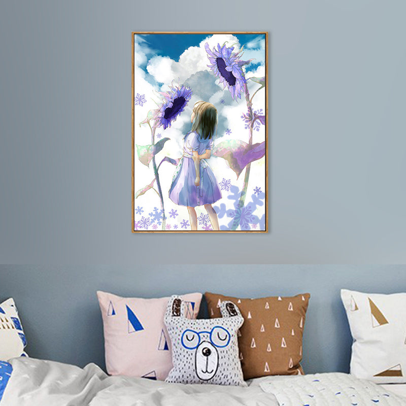 Girl and Sunflowers Painting in Purple Children's Art Wall Decor for Dining Room
