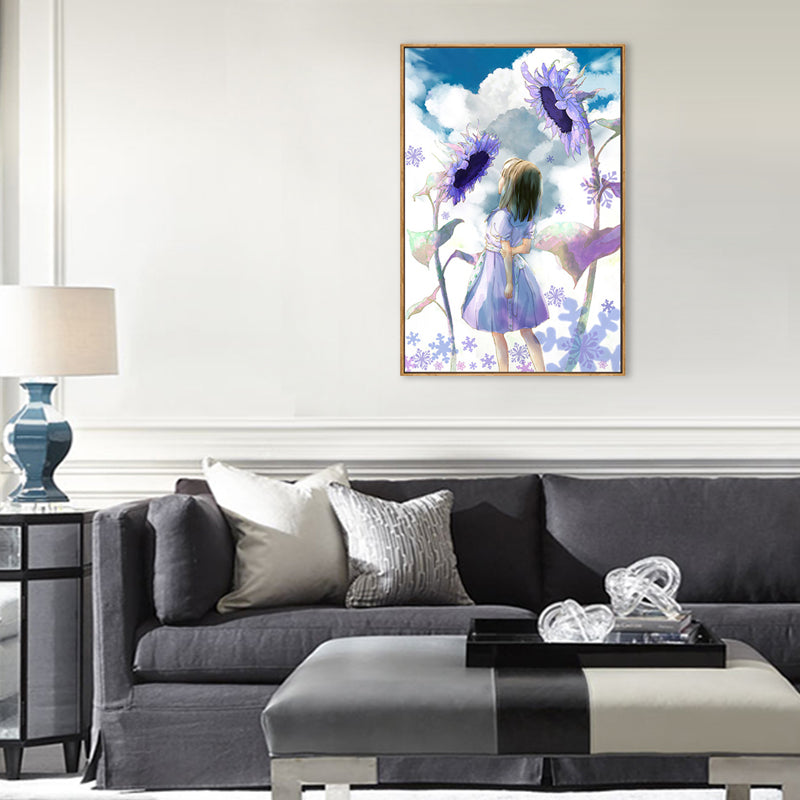 Girl and Sunflowers Painting in Purple Children's Art Wall Decor for Dining Room