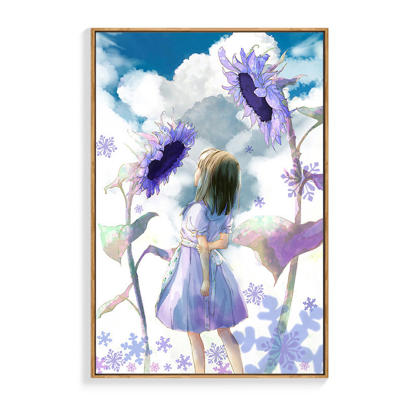 Girl and Sunflowers Painting in Purple Children's Art Wall Decor for Dining Room