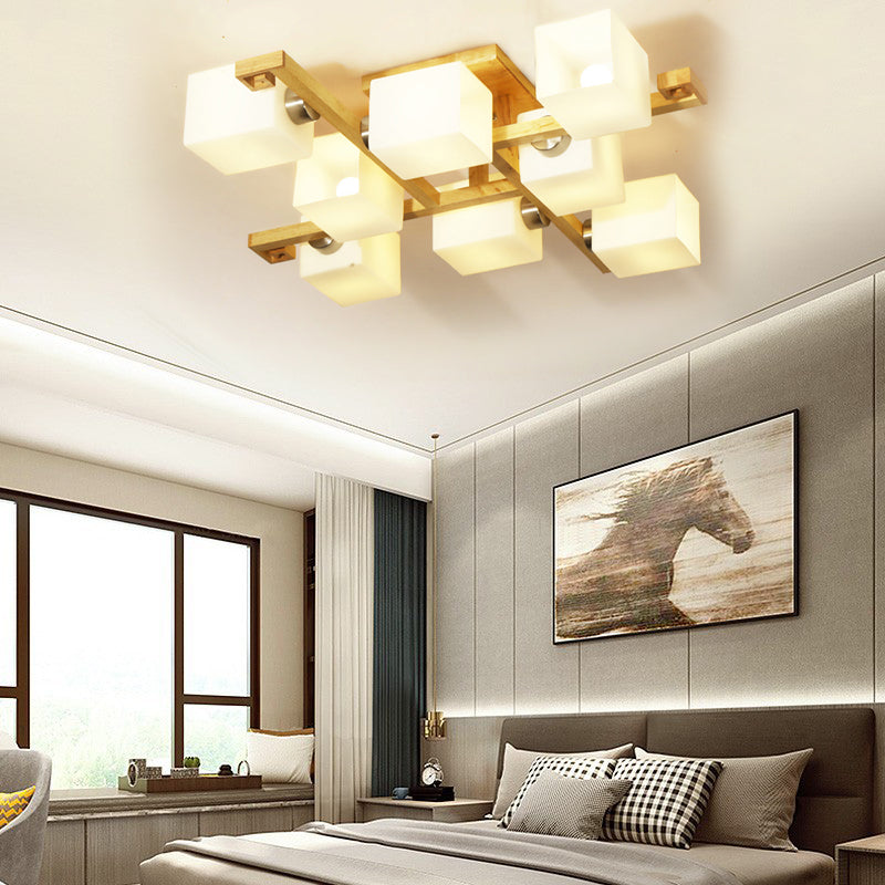 Lampada da soffitto per soggiorno con paralume cubico, vetro opale e legno, moderna plafoniera a LED a incasso in beige