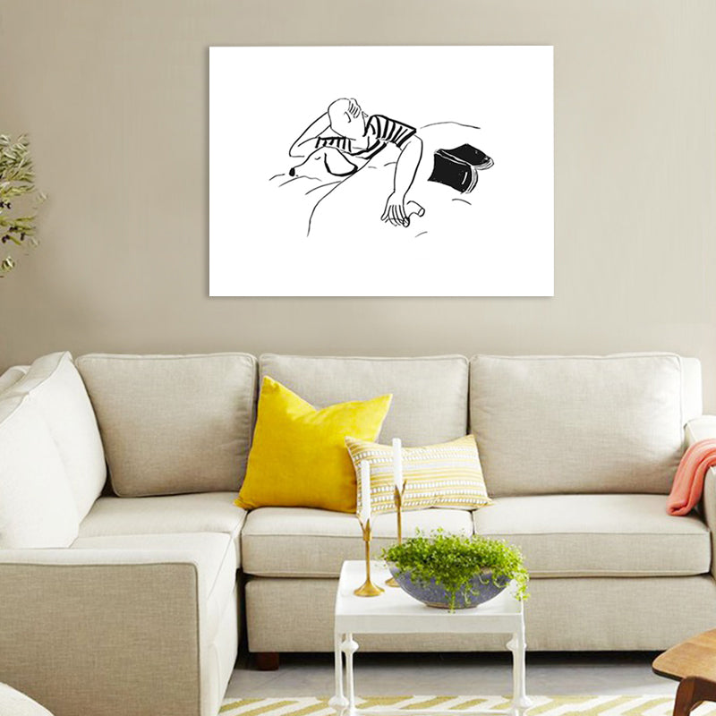 Minimalistic Canvas Art Black-White Man and His Dog Sleeping Pencil Drawing Wall Decor