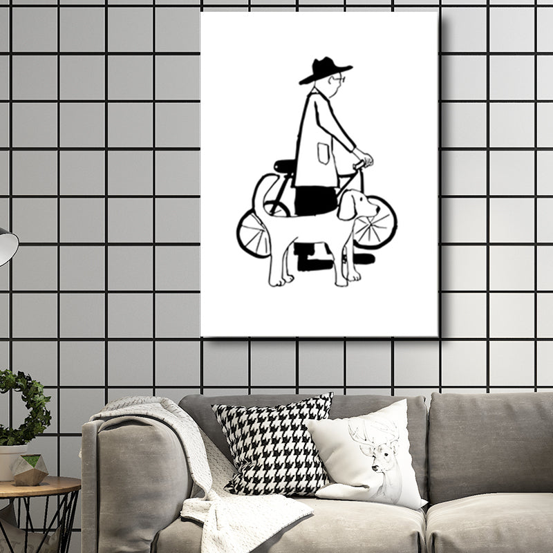 Man and Dog Sketch Canvas Art Textured Minimalist Living Room Wall Decor in Black-White