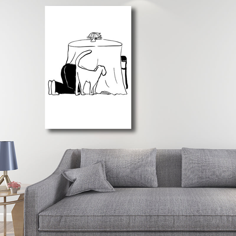 Man and Dog Sketch Canvas Art Textured Minimalist Living Room Wall Decor in Black-White