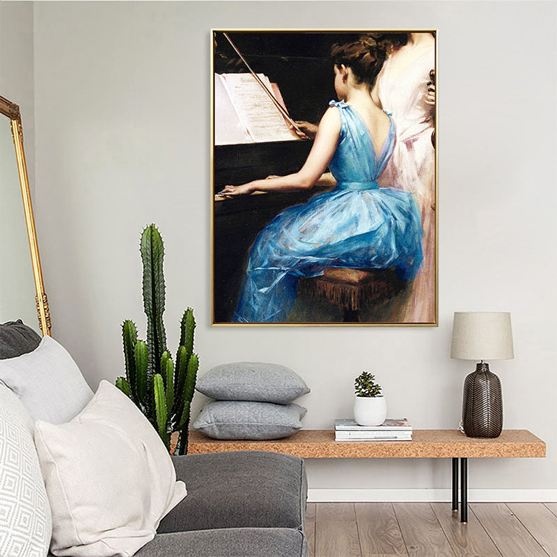 Leinwanddruck mit Musik im Vintage-Stil, Mädchen spielt Klavier, blaue Wanddekoration für Schlafzimmer, verschiedene Größen