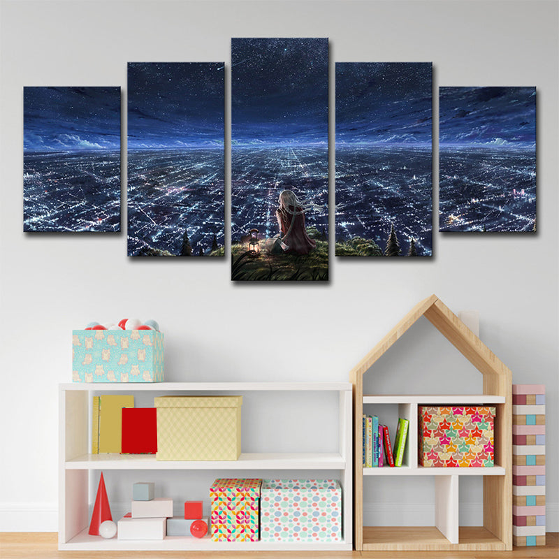 Girls Starry Sky View Canvas Bedroom Luminous Cityscape Wall Art in Dark Blue for Decor