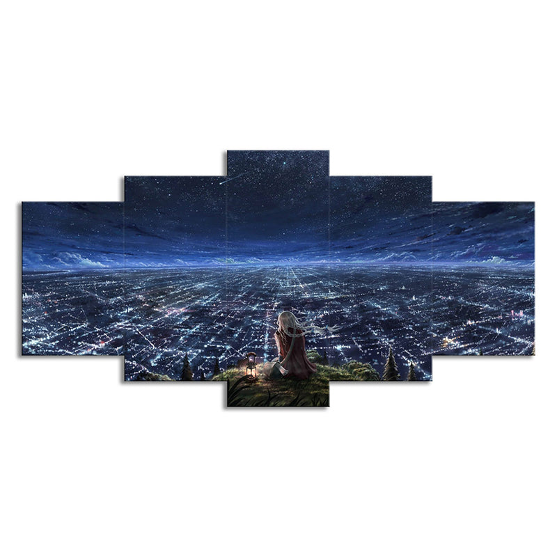Girls Starry Sky View Canvas Bedroom Luminous Cityscape Wall Art in Dark Blue for Decor