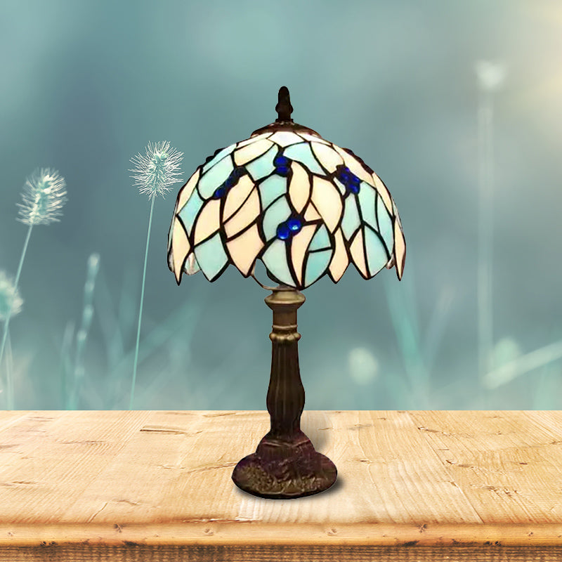 Blue Leaf Table Light with Dome Shade Stained Glass Tiffany 1 Blub Standing Table Light for Bedroom