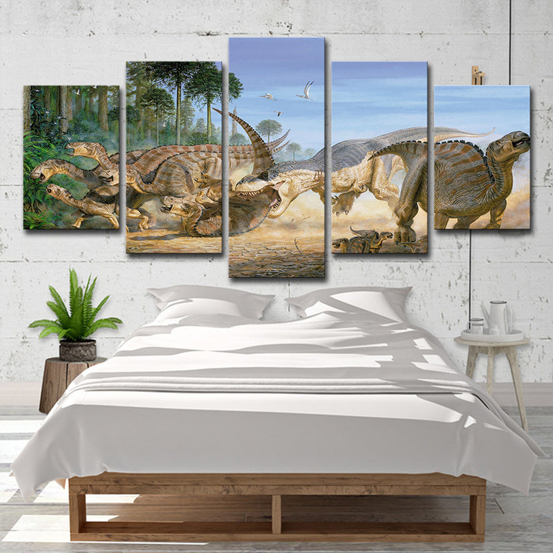 Science Fiction Dinosaur Wall Art Yellow Multi-Piece Canvas Print for Boys Bedroom