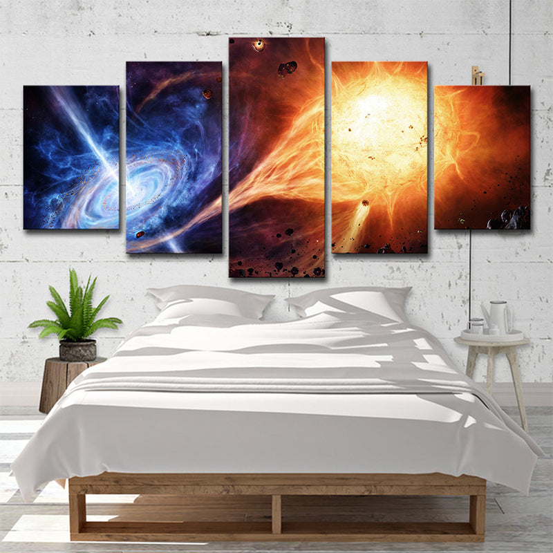 Swirling Galaxy and Meteorite Canvas Orange-Blue Science Fiction Wall Art for Bedroom