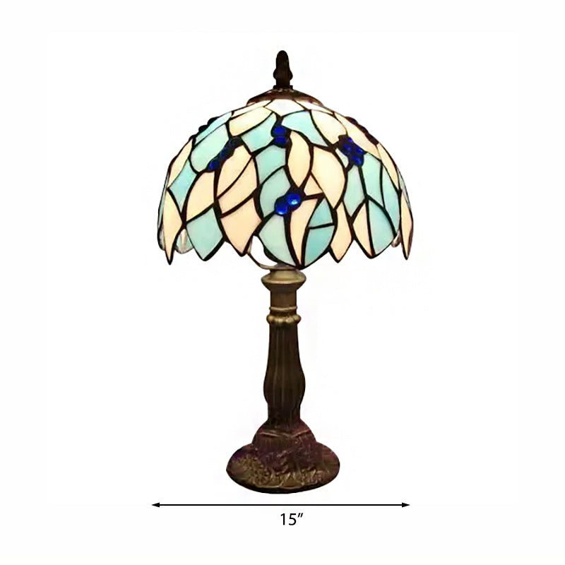 Blue Leaf Table Light with Dome Shade Stained Glass Tiffany 1 Blub Standing Table Light for Bedroom