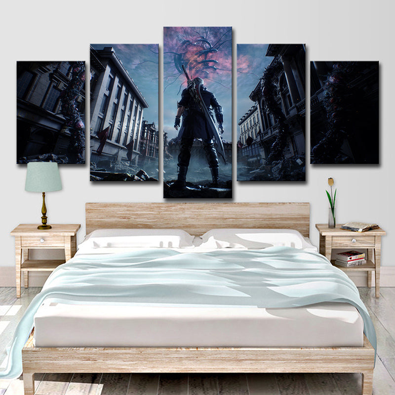 Canvas Multi-Piece Wall Decor Kids Devil May Cry Video Game Scene Art Print in Dark Blue