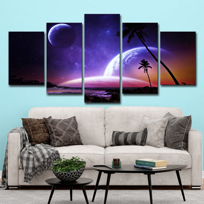 Multi-Piece Purple Wall Decor Fictional Night Ocean Palm Tree and Planets Canvas Art