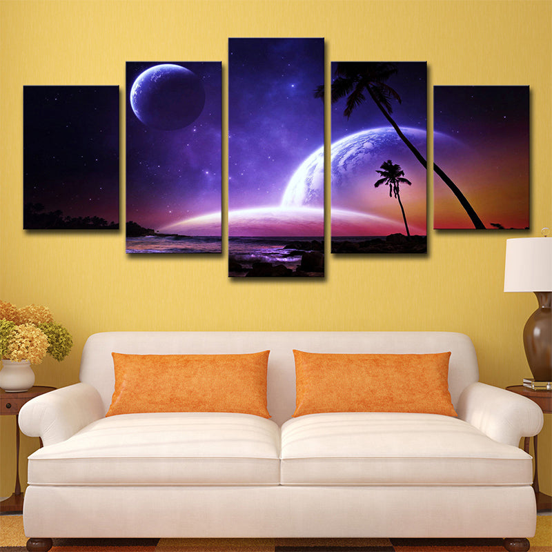 Multi-Piece Purple Wall Decor Fictional Night Ocean Palm Tree and Planets Canvas Art