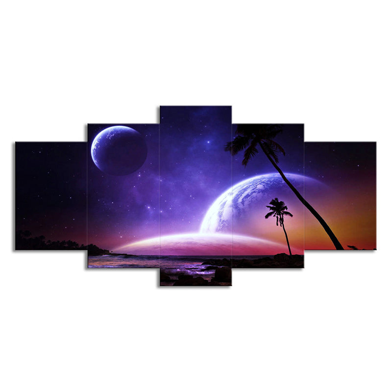Multi-Piece Purple Wall Decor Fictional Night Ocean Palm Tree and Planets Canvas Art