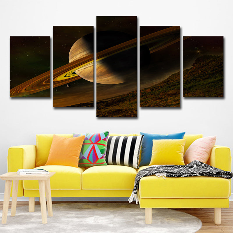 Brown Fictional Canvas Art Digital Print Jupiter with Rings Wall Decor for Bedroom