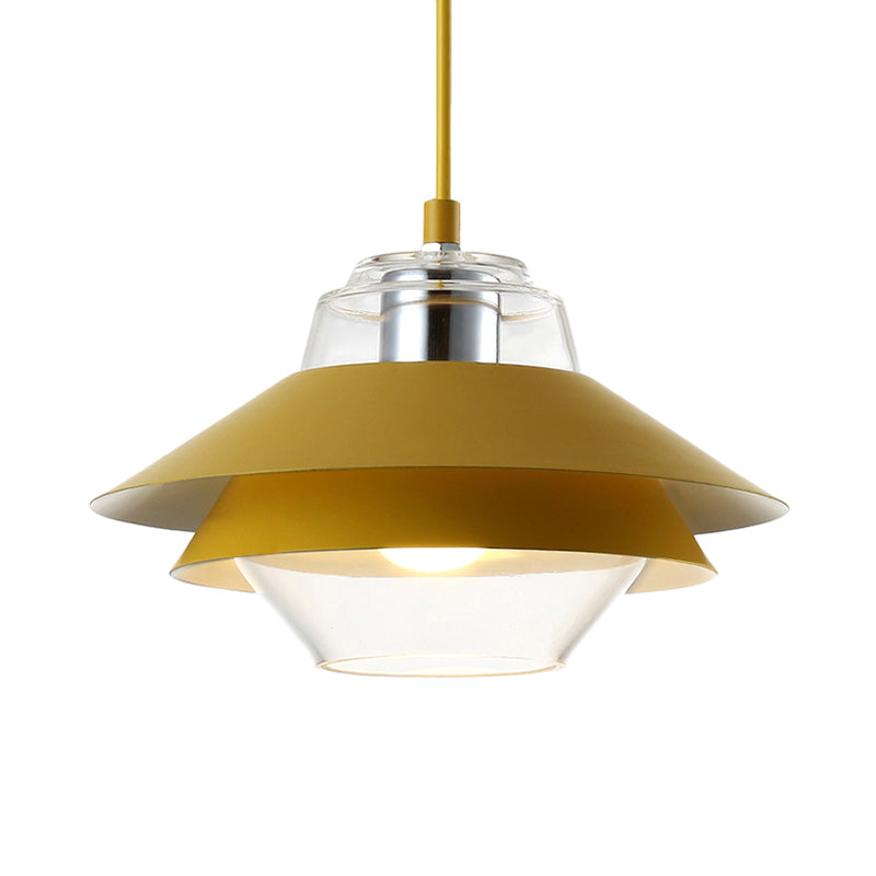 Gray/Yellow Flared Hanging Pendant Light Macaron Stylish 1 Light Metal Hanging Lamp with Inner Clear Glass Shade
