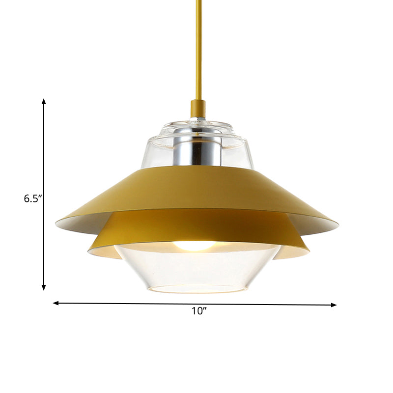 Gray/Yellow Flared Hanging Pendant Light Macaron Stylish 1 Light Metal Hanging Lamp with Inner Clear Glass Shade