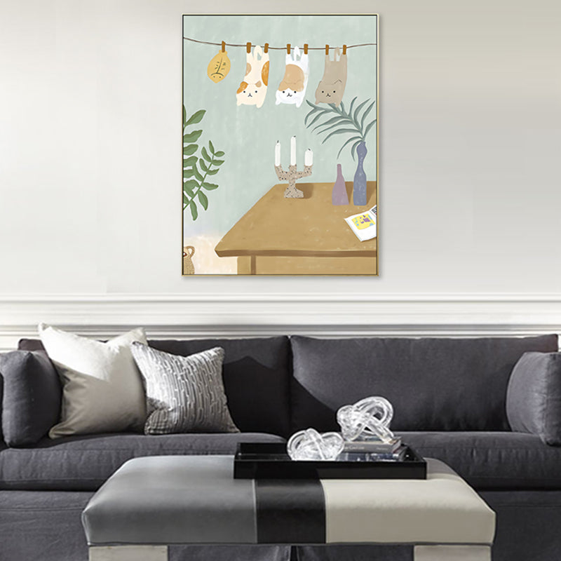 Suspended Cats Wall Art Kids Style Cute Animal Canvas Print in Light Blue for Bedroom
