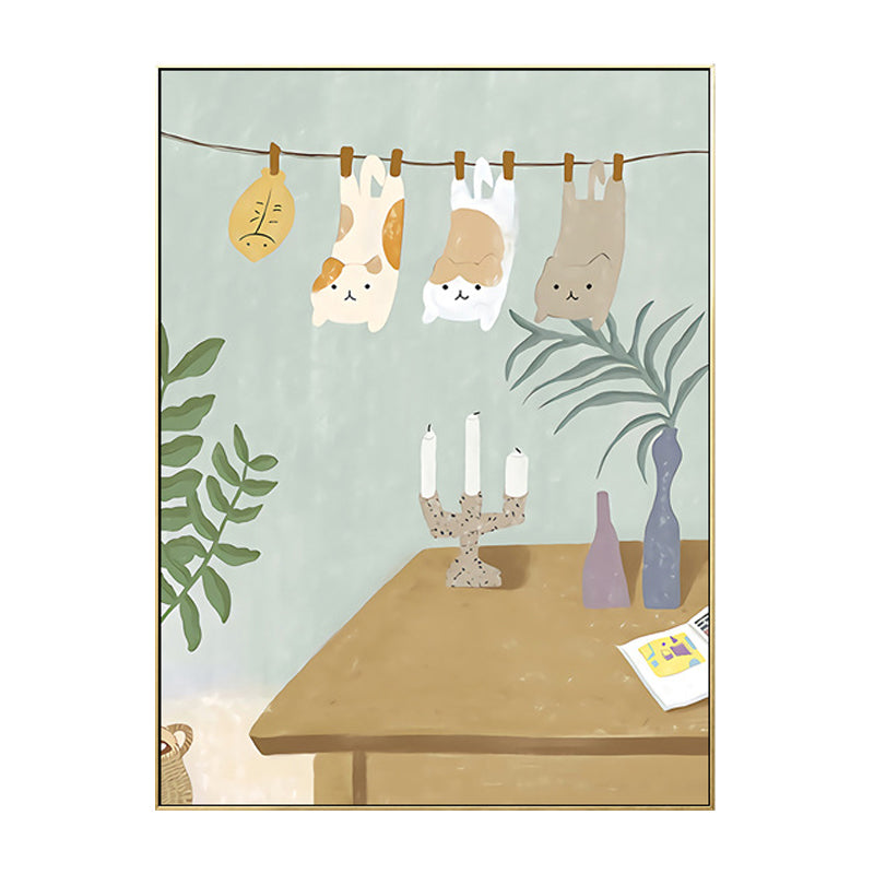 Suspended Cats Wall Art Kids Style Cute Animal Canvas Print in Light Blue for Bedroom