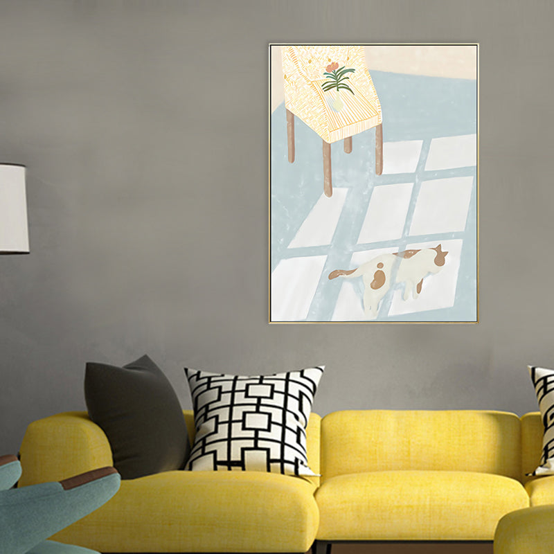 Cat with Floor Sunlight Art Print Cartoon Canvas Wall Decor in Light Blue for Room