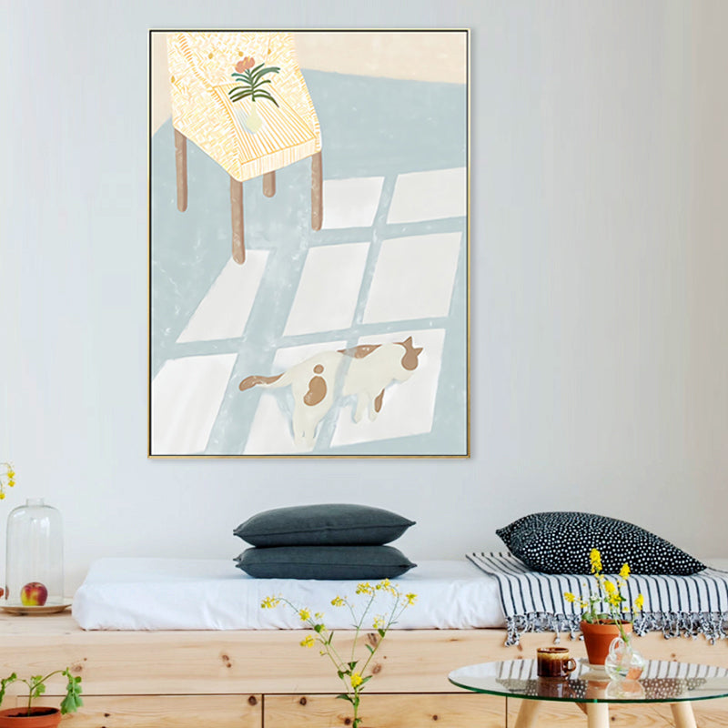 Cat with Floor Sunlight Art Print Cartoon Canvas Wall Decor in Light Blue for Room