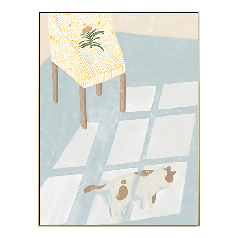 Cat with Floor Sunlight Art Print Cartoon Canvas Wall Decor in Light Blue for Room