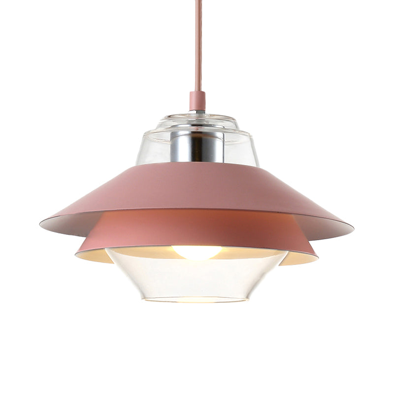 Gray/Yellow Flared Hanging Pendant Light Macaron Stylish 1 Light Metal Hanging Lamp with Inner Clear Glass Shade