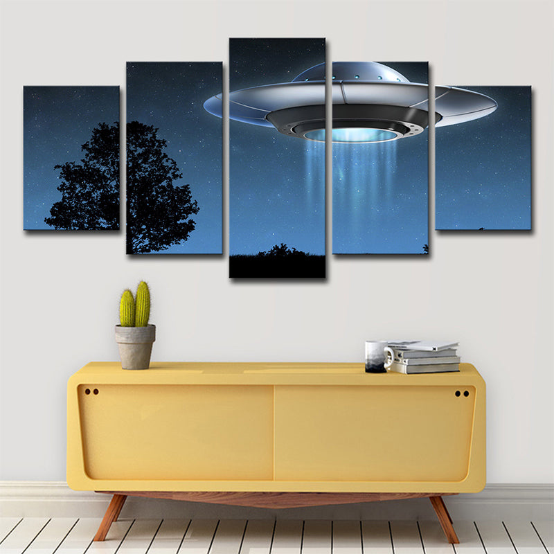 Science Fiction UFO Wall Art Boys Bedroom Canvas Print in Dark Blue, Multi-Piece