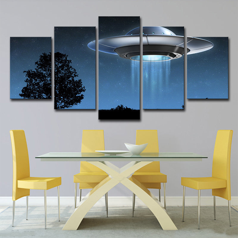 Science Fiction UFO Wall Art Boys Bedroom Canvas Print in Dark Blue, Multi-Piece