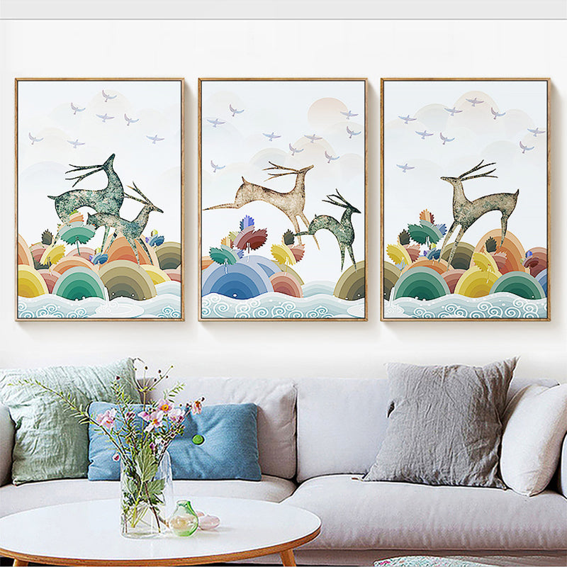 Children's Art Reindeer Painting Cartoon Animals White Wall Decor, Set of Three