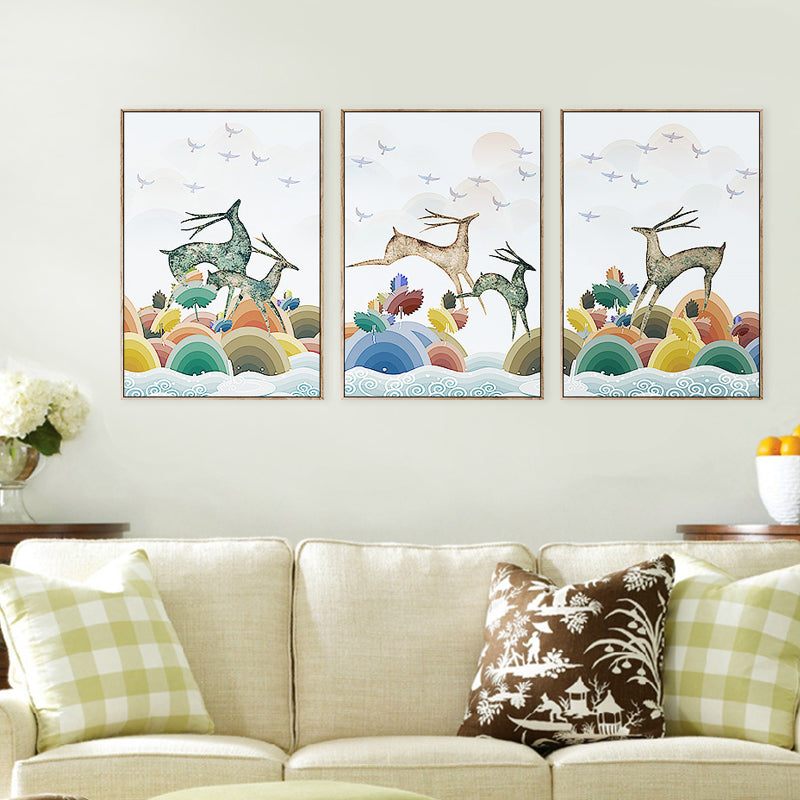 Children's Art Reindeer Painting Cartoon Animals White Wall Decor, Set of Three