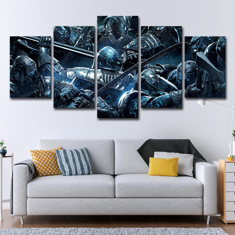 LOL Game Scene Soldiers Canvas Print Kids Style Multi-Piece Wall Art in Blue
