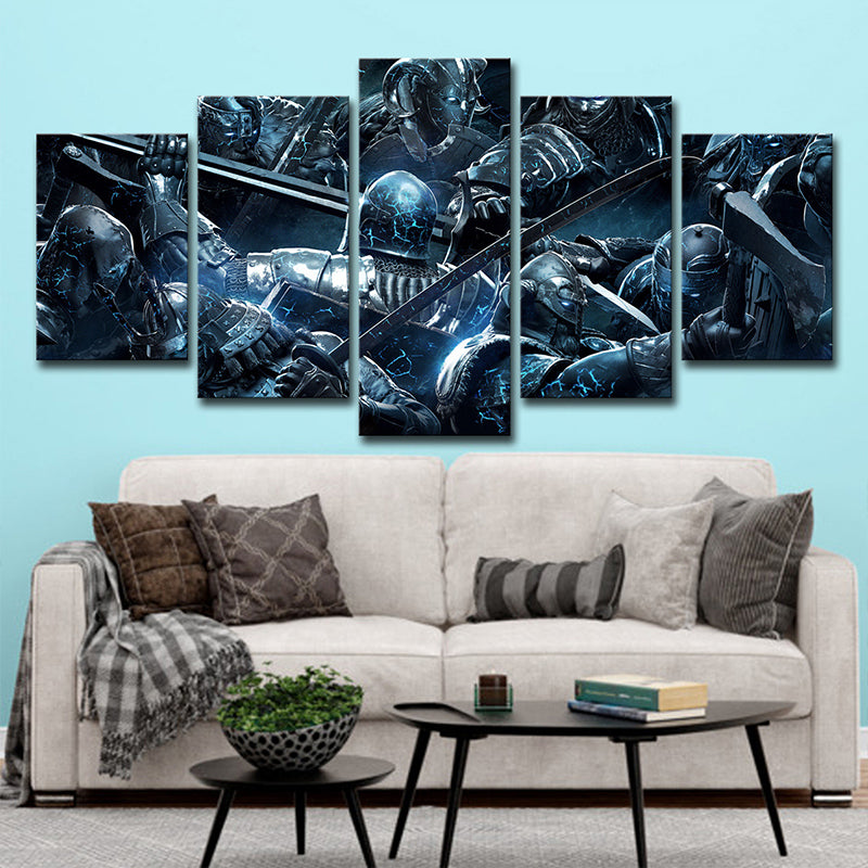 LOL Game Scene Soldiers Canvas Print Kids Style Multi-Piece Wall Art in Blue