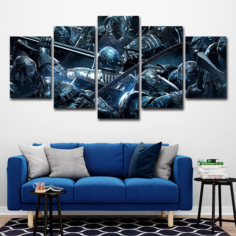 LOL Game Scene Soldiers Canvas Print Kids Style Multi-Piece Wall Art in Blue