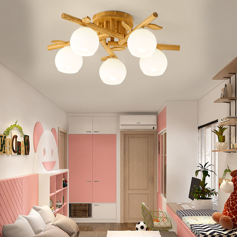 Bol eetkamer plafondlamp opaal glas creatief semi -spoel plafondlicht met houten tak in beige