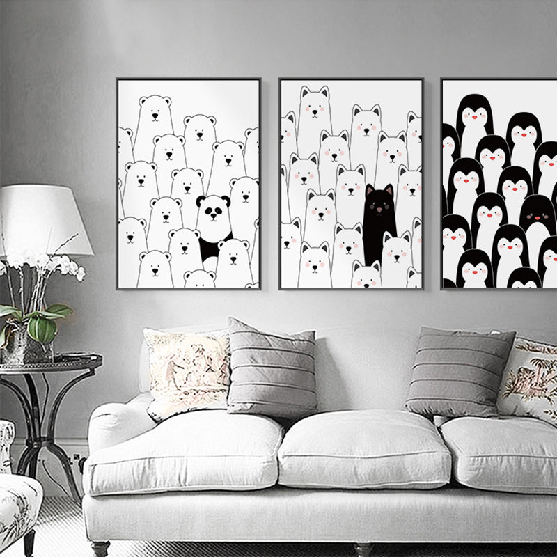 Kawaii Animal Canvas Wall Art for Child Bedroom, Black and White, Textured Surface