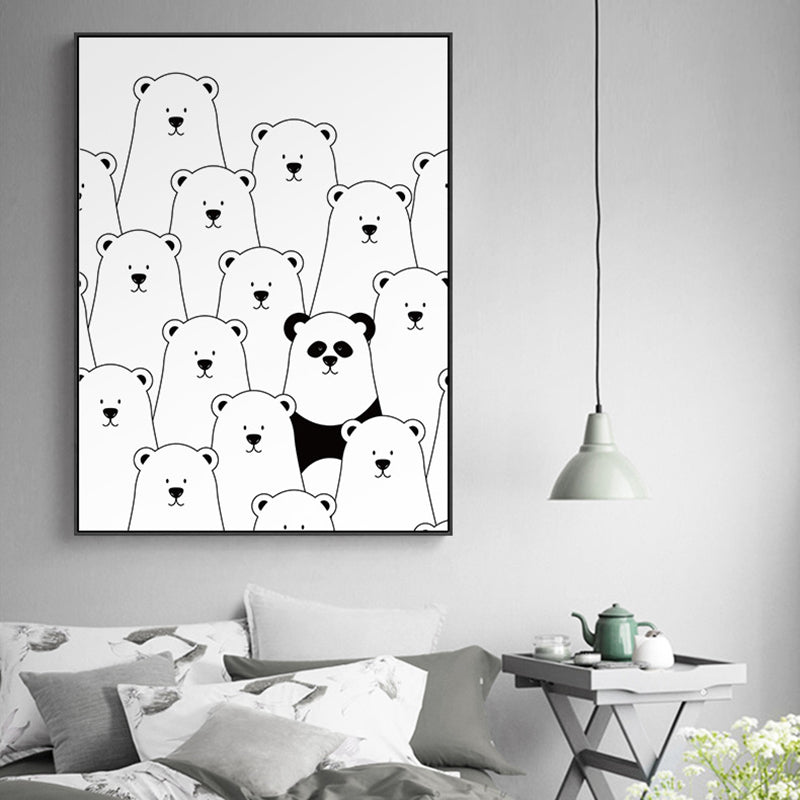 Kawaii Animal Canvas Wall Art for Child Bedroom, Black and White, Textured Surface