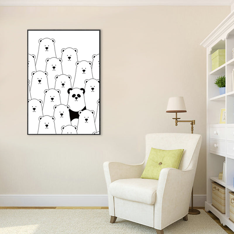 Kawaii Animal Canvas Wall Art for Child Bedroom, Black and White, Textured Surface