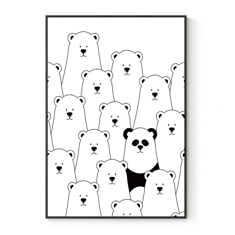 Kawaii Animal Canvas Wall Art for Child Bedroom, Black and White, Textured Surface
