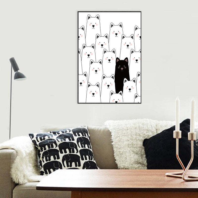 Kawaii Animal Canvas Wall Art for Child Bedroom, Black and White, Textured Surface