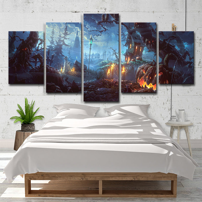 Halloween Forest Night Canvas Art Kids Dreary Scenery Wall Decor in Blue for Bedroom