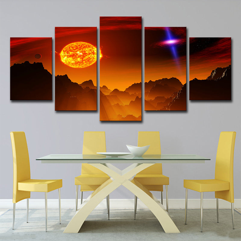 Fantasy Space Planet Canvas Art Science Fiction Multi-Piece Wall Decor in Orange for Bedroom