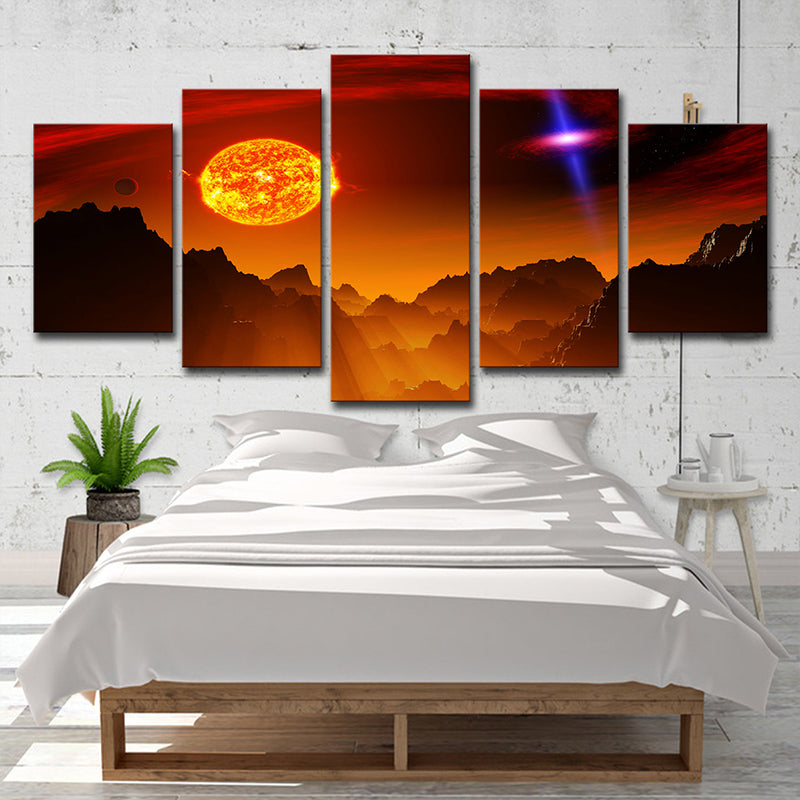 Fantasy Space Planet Canvas Art Science Fiction Multi-Piece Wall Decor in Orange for Bedroom