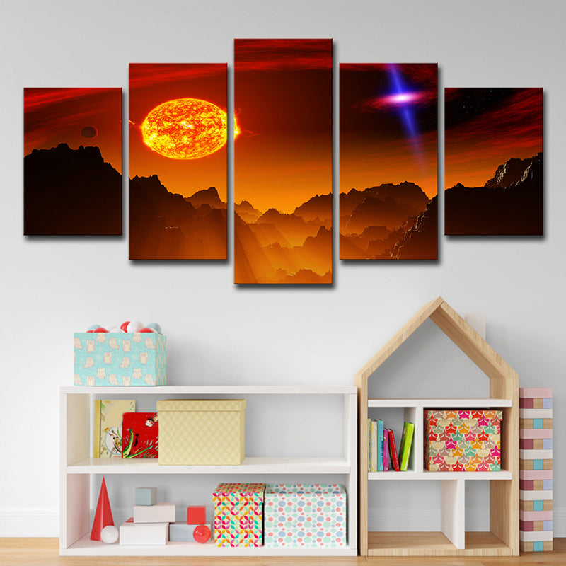 Fantasy Space Planet Canvas Art Science Fiction Multi-Piece Wall Decor in Orange for Bedroom
