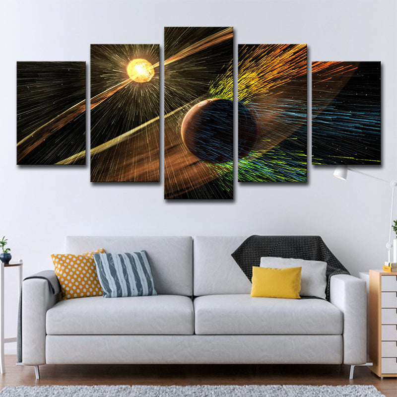 Fictional Space Planets Wall Art Canvas Multi-Piece Yellow Wall Decor for Sitting Room