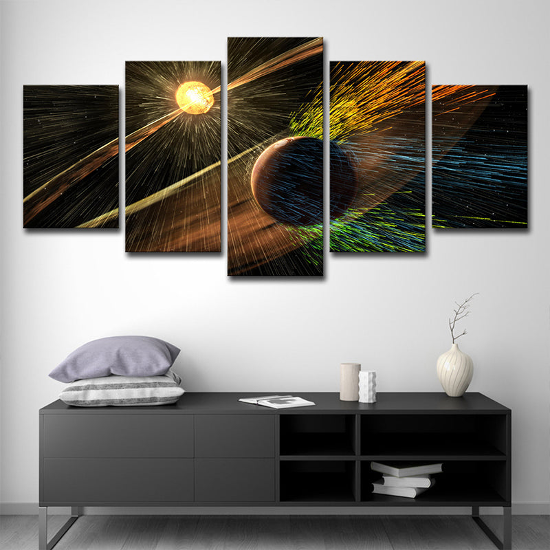 Fictional Space Planets Wall Art Canvas Multi-Piece Yellow Wall Decor for Sitting Room