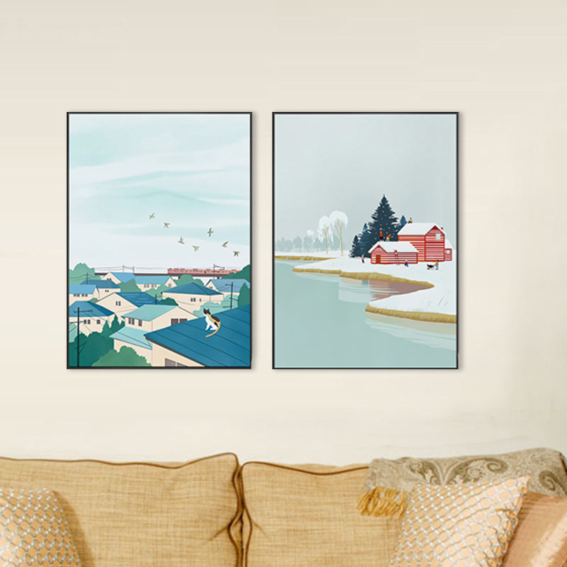 Illustration für Kinderkunst-Wanddekoration mit saisonaler Landschaft in hellen Farben für das Schlafzimmer